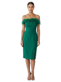 Emerald Feather-Trim Off-Shoulder Midi