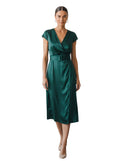 Emerald Satin Belted Wrap Midi