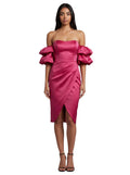 Fuchsia Puff-Sleeve Strapless Midi