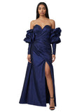 Midnight Blue Off-Shoulder Puff-Sleeve Gown
