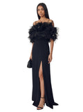 Black Feather & Tulle Off-Shoulder Gown