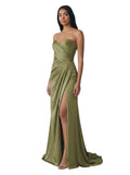 Olive Satin Strapless Draped Gown