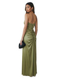 Olive Satin Strapless Draped Gown