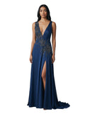 Midnight Sequin-Embroidered Slit Gown
