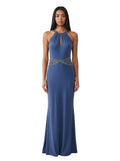Navy Halter Crystal-Waist Gown