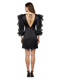 Black Satin Tulle-Sleeve Mini