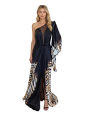 Black Tiger-Print One-Shoulder Cape Gown