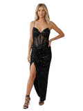 Midnight Sequin Corset Slit Gown