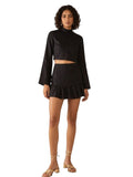 Black Linen Mock-Neck Bell-Sleeve Crop Top