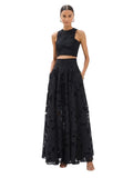 Paula Fashion House black floral lace maxi skirt with A-line silhouette and high waistband.