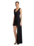 Paula Fashion House Diana T black ruched mini dress with deep V-neck and dramatic draped skirt.