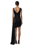 Paula Fashion House black satin ruched mini dress with draped train and V-neckline