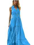 Paula Fashion House coral red linen sleeveless maxi dress with ruffled mandarin collar, button front, pleated waistband, and tiered skirt.