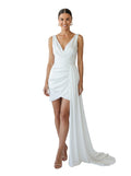 Paula Fashion House Diana T white satin mini dress with draped train and V-neckline