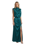 Paula Fashion House emerald green satin cowl neck maxi dress with ruched side slit and padded shoulders.