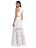 Paula Fashion House white floral lace maxi skirt with A-line silhouette and high waistband.