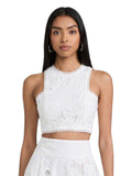 Paula Fashion House white floral lace crop top with scalloped trim and matching maxi skirt.