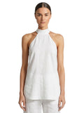 Paula Fashion House white linen halter neck top with a high neckline and relaxed fit.