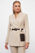 beige belted jacket pants set