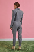 gray crop jacket high waist belt pants suit