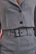 gray crop jacket high waist belt pants suit