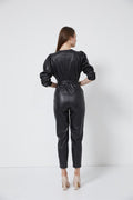 Black V-Neck Waist Fitted Leather Jumpsuit