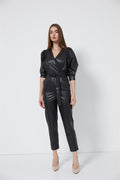 Black V-Neck Waist Fitted Leather Jumpsuit