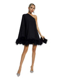 One-Shoulder Feather-Trim Asymmetric Mini Dress