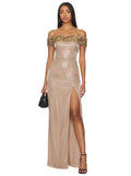 Crystal-Embellished Off-Shoulder Maxi Gown