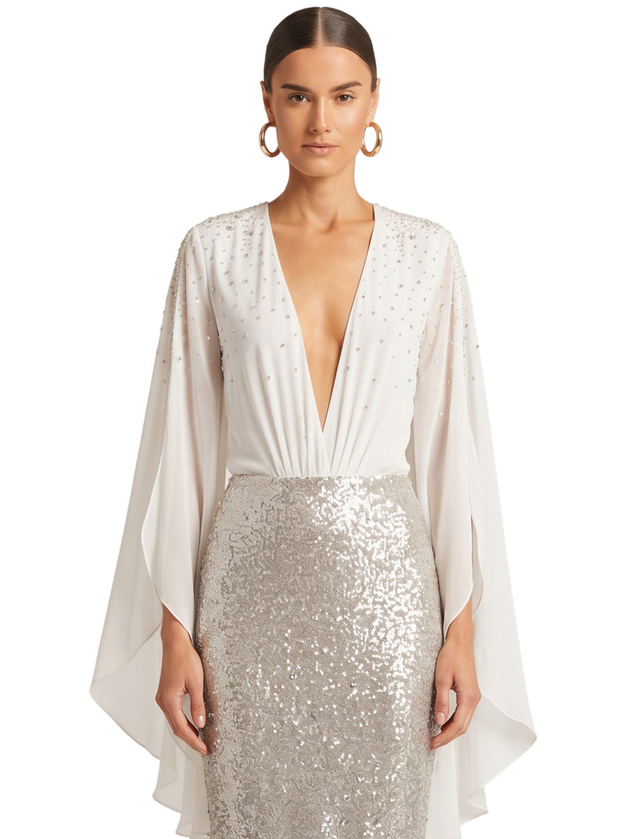 Crystal-Studded Draped Cape Bodysuit