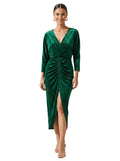 Emerald Velvet Ruched Midi