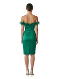 Emerald Feather-Trim Off-Shoulder Midi