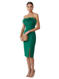 Emerald Feather-Trim Off-Shoulder Midi