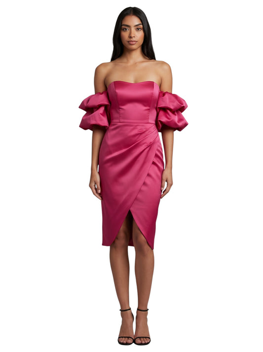 Fuchsia Puff-Sleeve Strapless Midi