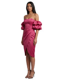 Fuchsia Puff-Sleeve Strapless Midi