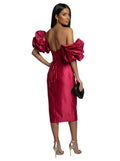 Fuchsia Puff-Sleeve Strapless Midi