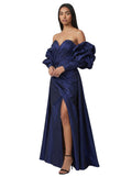 Midnight Blue Off-Shoulder Puff-Sleeve Gown