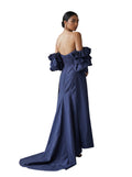 Midnight Blue Off-Shoulder Puff-Sleeve Gown