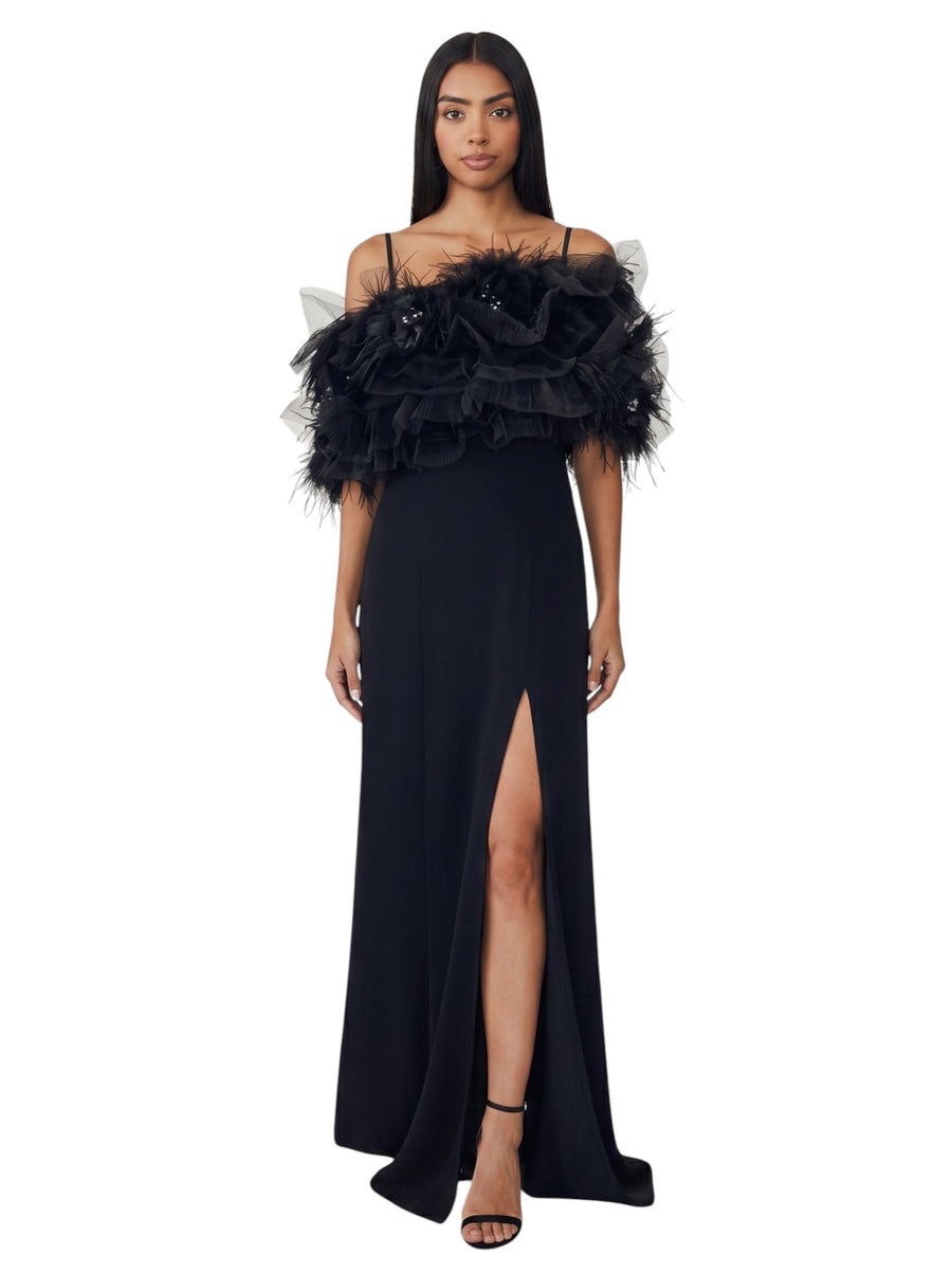 Black Feather & Tulle Off-Shoulder Gown