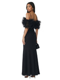 Black Feather & Tulle Off-Shoulder Gown
