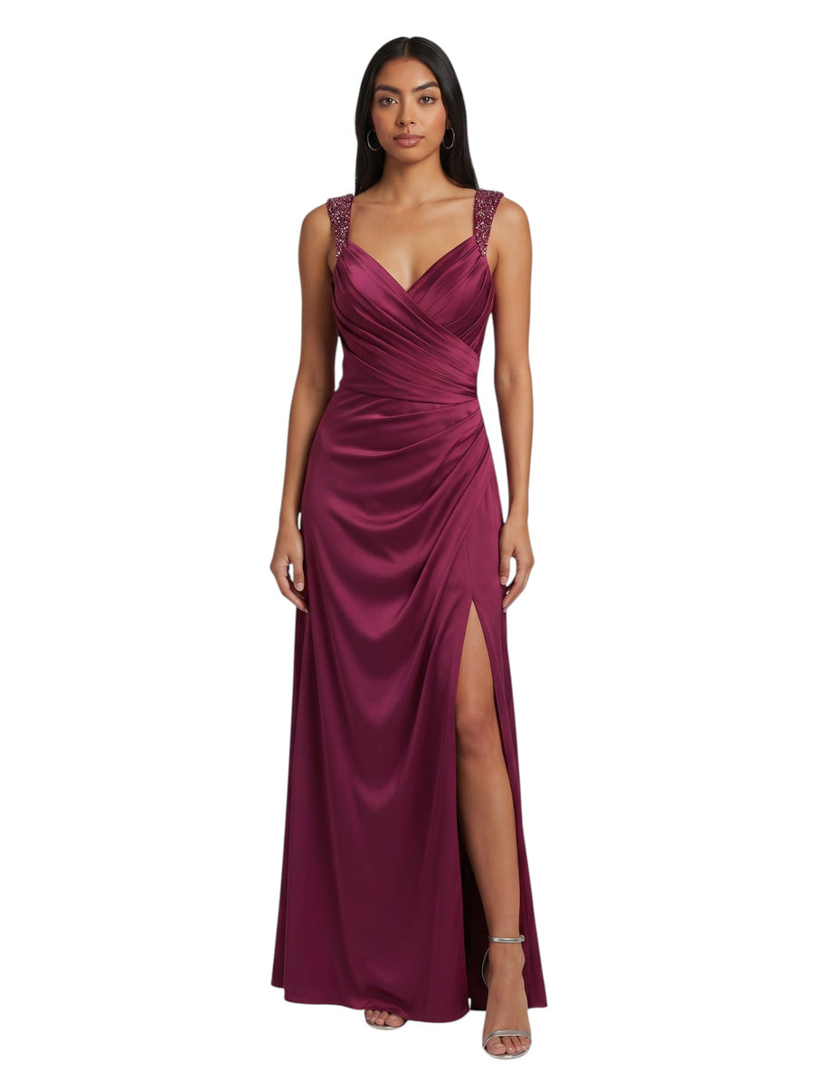 Berry Satin Jewelled-Strap Gown