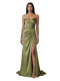 Olive Satin Strapless Draped Gown