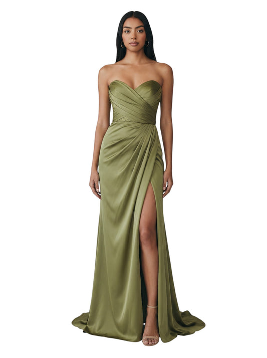 Olive Satin Strapless Draped Gown