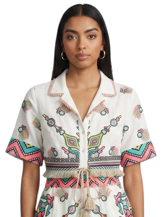 Boho Embroidered Camp-Collar Shirt