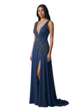 Midnight Sequin-Embroidered Slit Gown