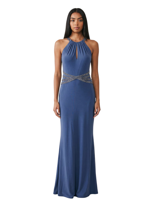 Navy Halter Crystal-Waist Gown