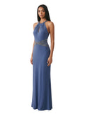 Navy Halter Crystal-Waist Gown