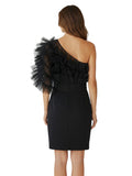 Black Tulle Ruffle Pencil Midi