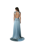 Steel Blue Feather-Trim Satin Gown