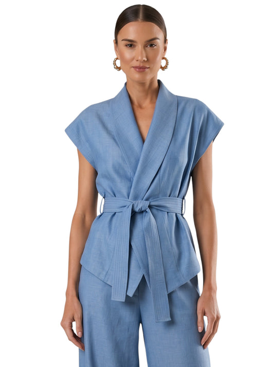 Belted Shawl-Collar Sleeveless Tailored Gilet